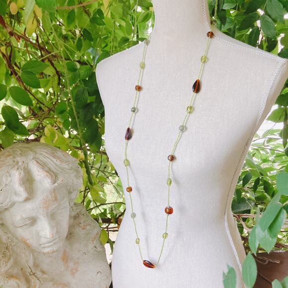 Vintage 44" Long Brown and Green Glass Seed Bead Bohemian Hippie Opera Necklace - Picture 3 of 10